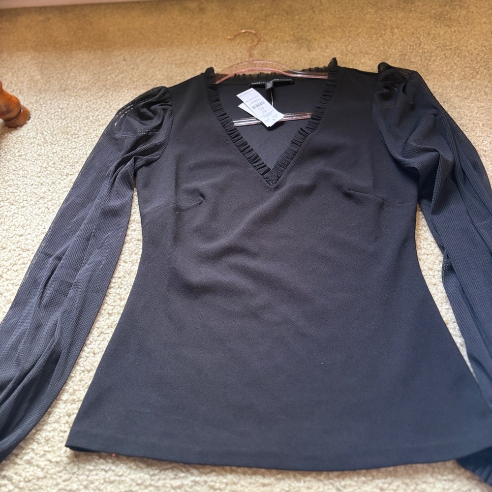 White House Black Market Elegant Black Ruffle V-Neck Blouse